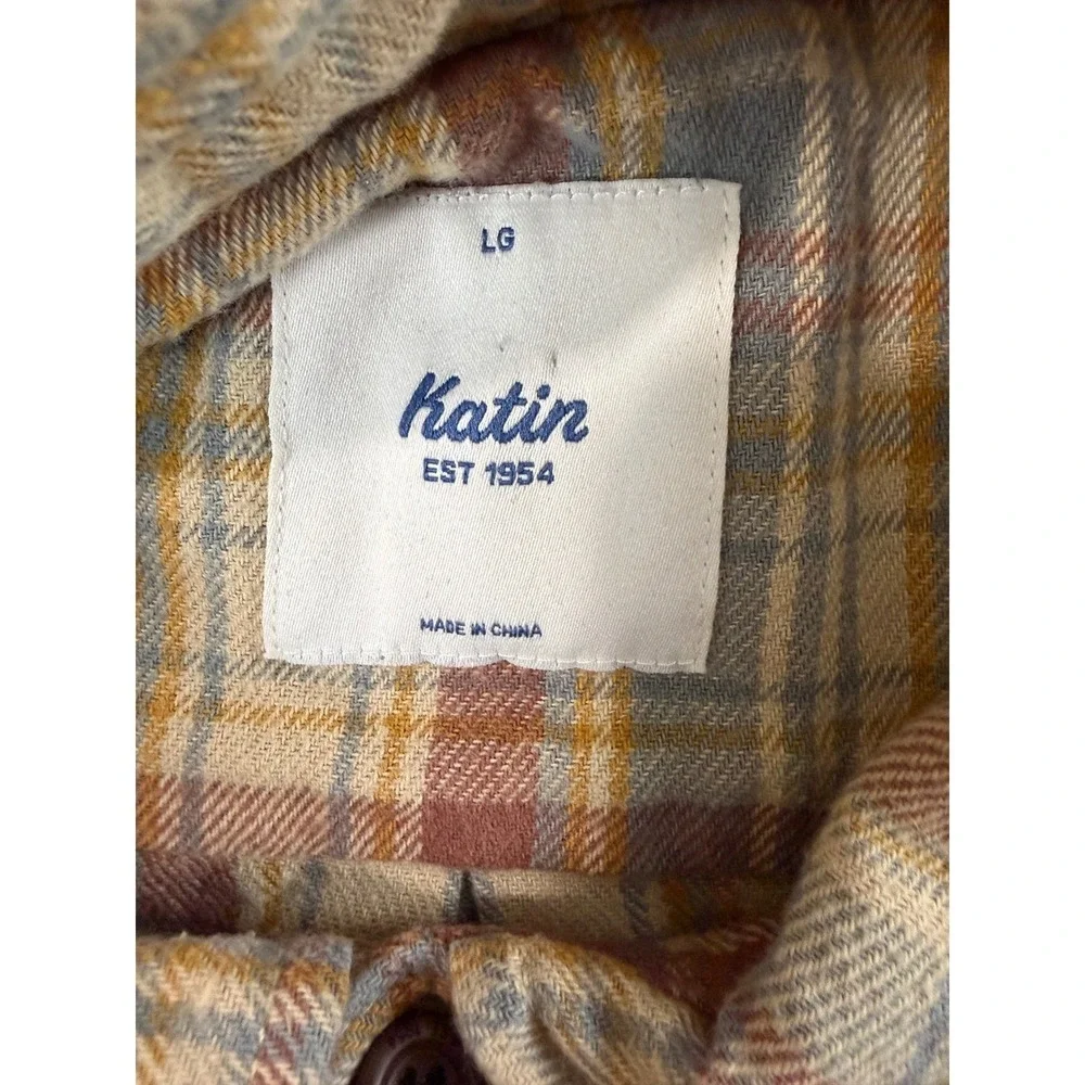 Katin Flannel Shirt Men's Size‎ LG Blue/Orange/Cream Long Sleeve 100% cotton EUC